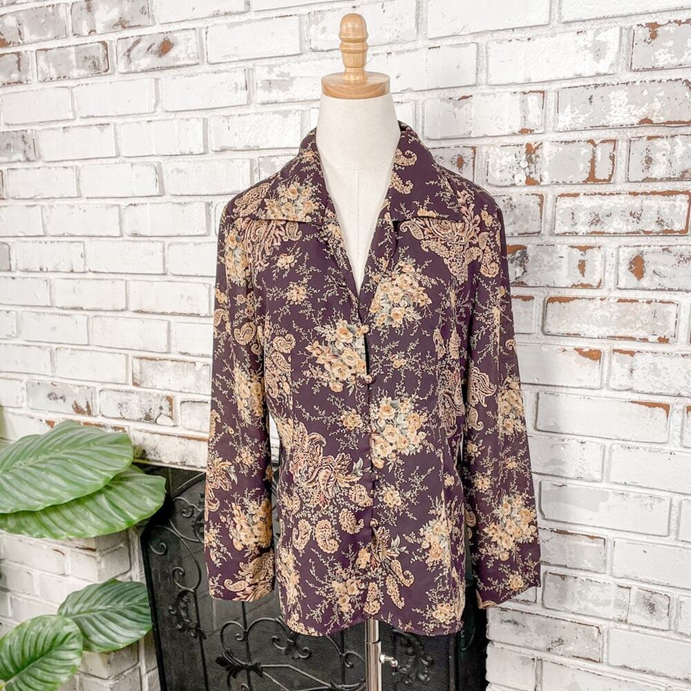Vintage 70s Liz Claiborne Dark Floral Long Sleeve Button Down Top M